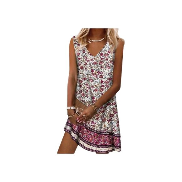 Red Roses Floral Print Casual Spring V Neck A-line Sleeveless Flowy Summer Dress - Picture 1 of 8
